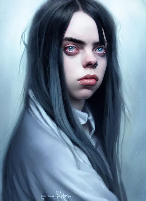 Prompt: Overlord Billie Eilish, highly detailed, digital painting, artstation, concept art, sharp focus, illustration, art by Ian Sprigger Edmund Bliar Leighton and Charlie Bowater