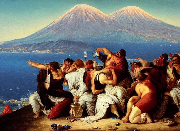 Image similar to detailed painting of average greeks drink wine and have fun against the backdrop of mount vesuvius starting to erupt by brullov