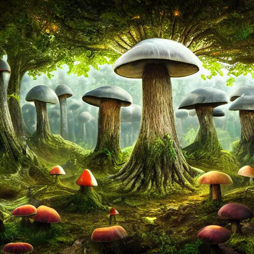 Prompt: mushroom city in the middle of the forest, high details, godrays, 4k
