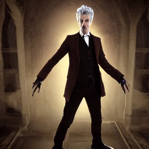 Prompt: full body pose, hyperrealistic photograph of peter capaldi, dim volumetric lighting, 8 k, octane beautifully detailed render, extremely hyper detailed, intricate, epic composition, cinematic lighting, masterpiece, trending on artstation, very very detailed, stunning, hdr, smooth, sharp focus, high resolution, award, winning photo, dslr, 5 0 mm