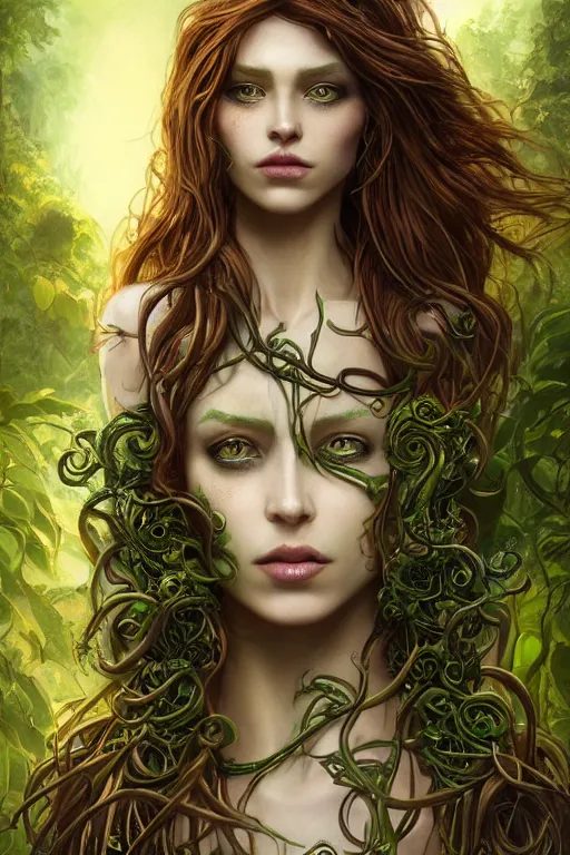 Prompt: a beautiful young woman, Vraska golgari queen, long flowing medusa hair, mostly green and brown leather pirate armor, young female face, vine like plants and jungle background, cinematic top lighting, insanely detailed and intricate, face by wlop, Charlie Bowater, golden ratio, symmetric, elegant, ornate, luxury, elite, matte painting, MTG, magic the gatheing, cinematic, cgsociety, 8k, high resolution