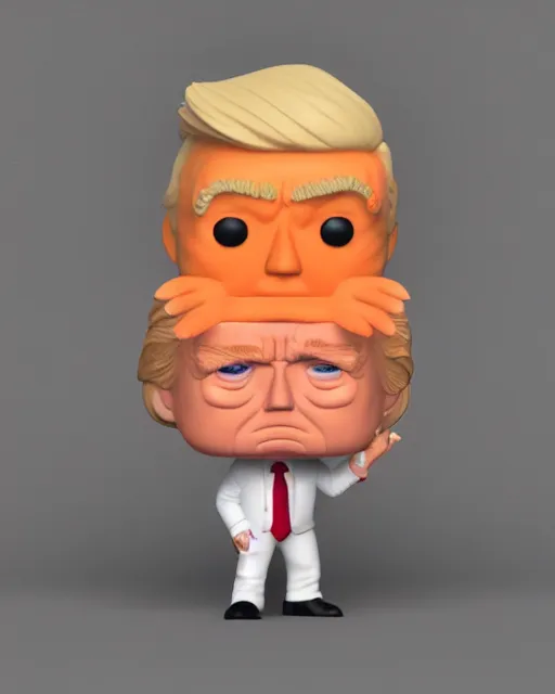 Image similar to full body 3d render of funko pop donald trump as a funko pop, orange wrinkly skin, studio lighting, white background, blender, trending on artstation, 8k, highly detailed