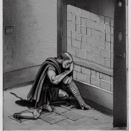 Image similar to A pale young man stands kneeling inside a prison cell. Clad in shining armor prays to a God others would have long abandoned. Sunshine lightly grazes his cheeks as he prays, his broken spear used as a cross to focus on. The knight's expression is sad, pensive, but resolute, decisive and stubborn. Portrait.