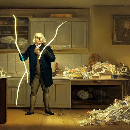 Image similar to benjamin franklin angrily throwing a string of led lights in the trash in a modern kitchen by rockwell