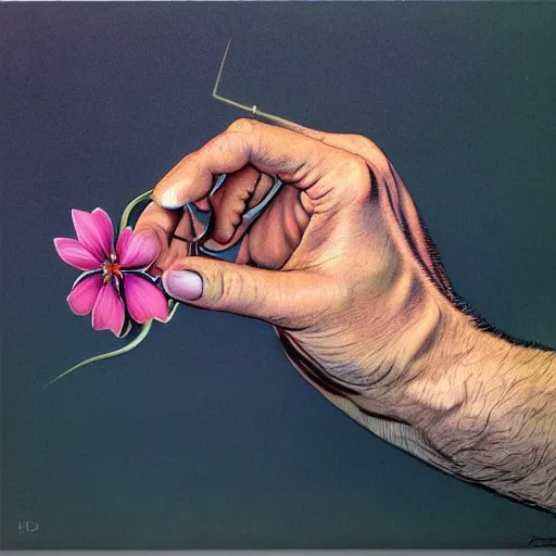 Prompt: a man's hand holding a flower, surreal, art by peter lloyd, 1 9 8 0's art, airbrush style, art by hajime sorayama,, intricate, elegant, sharp focus, illustration, highly detailed, h 8 0 0