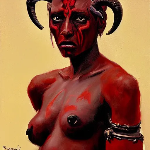 Prompt: painted portrait of an intimidating demon girl with ram horns and red skin. oil painting, fantasy art by greg retkowski and john singer sargent, character design