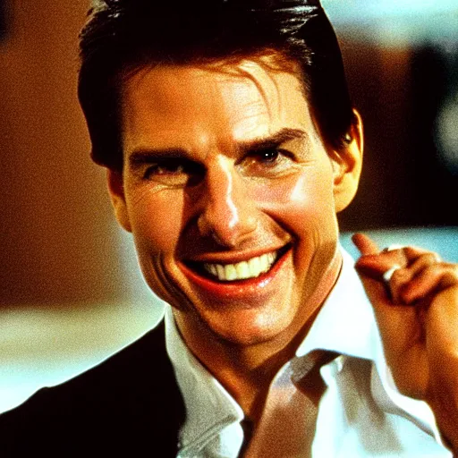 Prompt: Tom Cruise with a psychotic grin, as Patrick Bateman in American Psycho (2000)