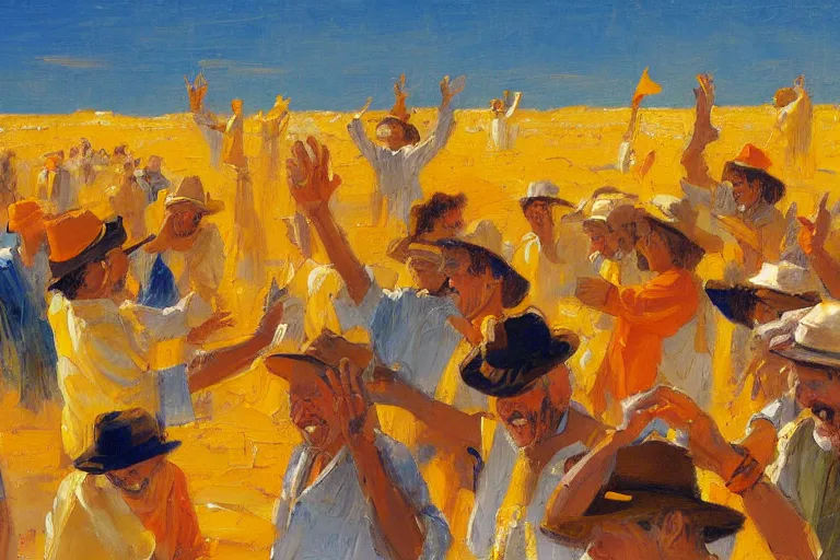 Prompt: detailed oil painting of a crowd of happy jews in the desert harvesting manna, yellow orange and blue color scheme, by sherree valentine daines and ross trann, biblical