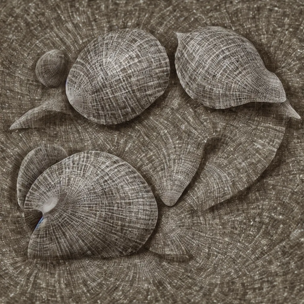 Image similar to geometric single sea shell by ernst haeckel, modeled in 3 d, closeup, cinema 4 d render, beach sad background, clear focus, very coherent, very detailed