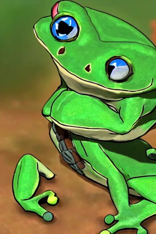 Image similar to in game footage of a green tree frog from the legend of zelda breath of the wild, breath of the wild art style.