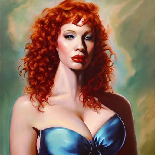 Prompt: christina hendricks as painted by boris vallejo and julie bell, oil on canvas