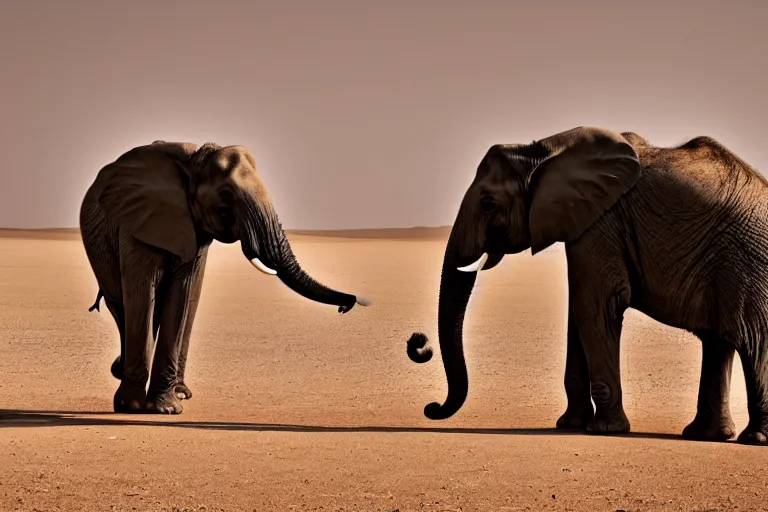 Prompt: an elephant having a conversation with a girrafe, sahara desert