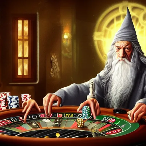 Prompt: gandalf playing poker, casino, highly detailed, digital art