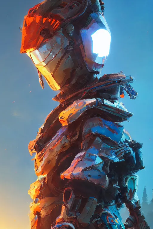 Image similar to combination suit armor aloy horizon forbidden west horizon zero dawn radiating a glowing aura global illumination ray tracing hdr fanart arstation by ian pesty and alena aenami artworks in 4 k tribal robot ninja mask helmet backpack