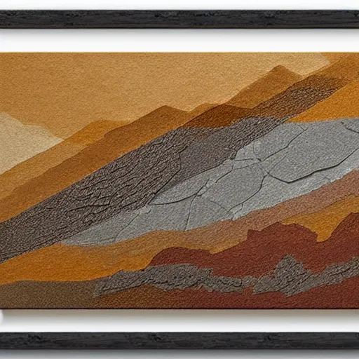 Image similar to masterpiece abstract intricate painting of detailed highly layered flat textured rocky field along a planer surface of rectangular shapes. highly geometric rectangular shapes with thin pencil rough sketch lines slanting down. isometric angles. beautiful use of light to create a sense of a stony landscape. using architectural brushwork and a rich earthy color palette, providing a mathematical rough sketch.