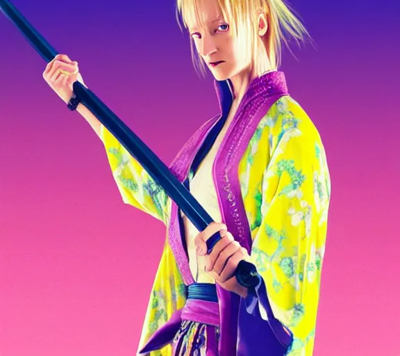 Image similar to breathtaking detailed pattern pastel colors, cinematic action scene from kill bill, with uma thurman in yellow kimono, swinging katana sword by hsiao - ron cheng and tarantino, exquisite detail, enhanced eye detail