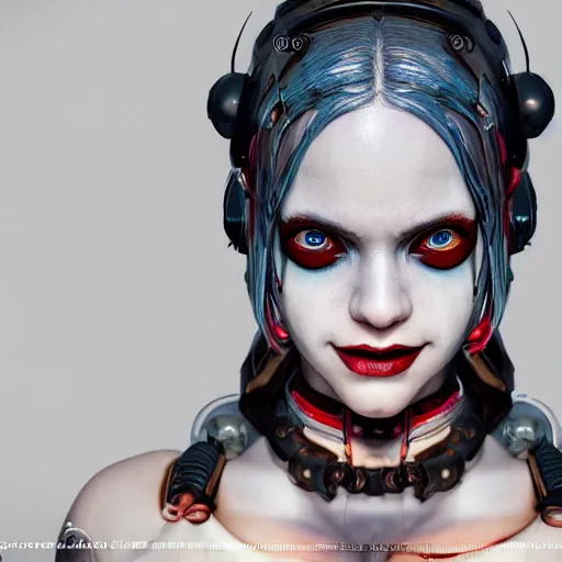 Image similar to lofi cyberounk biopunk portrait of harley quinn, au naturel, hyper detailed, digital art, trending in artstation, cinematic lighting, studio quality, smooth render, unreal engine 5 rendered, octane rendered, art style by klimt and nixeu and ian sprigger and wlop and krenz cushart