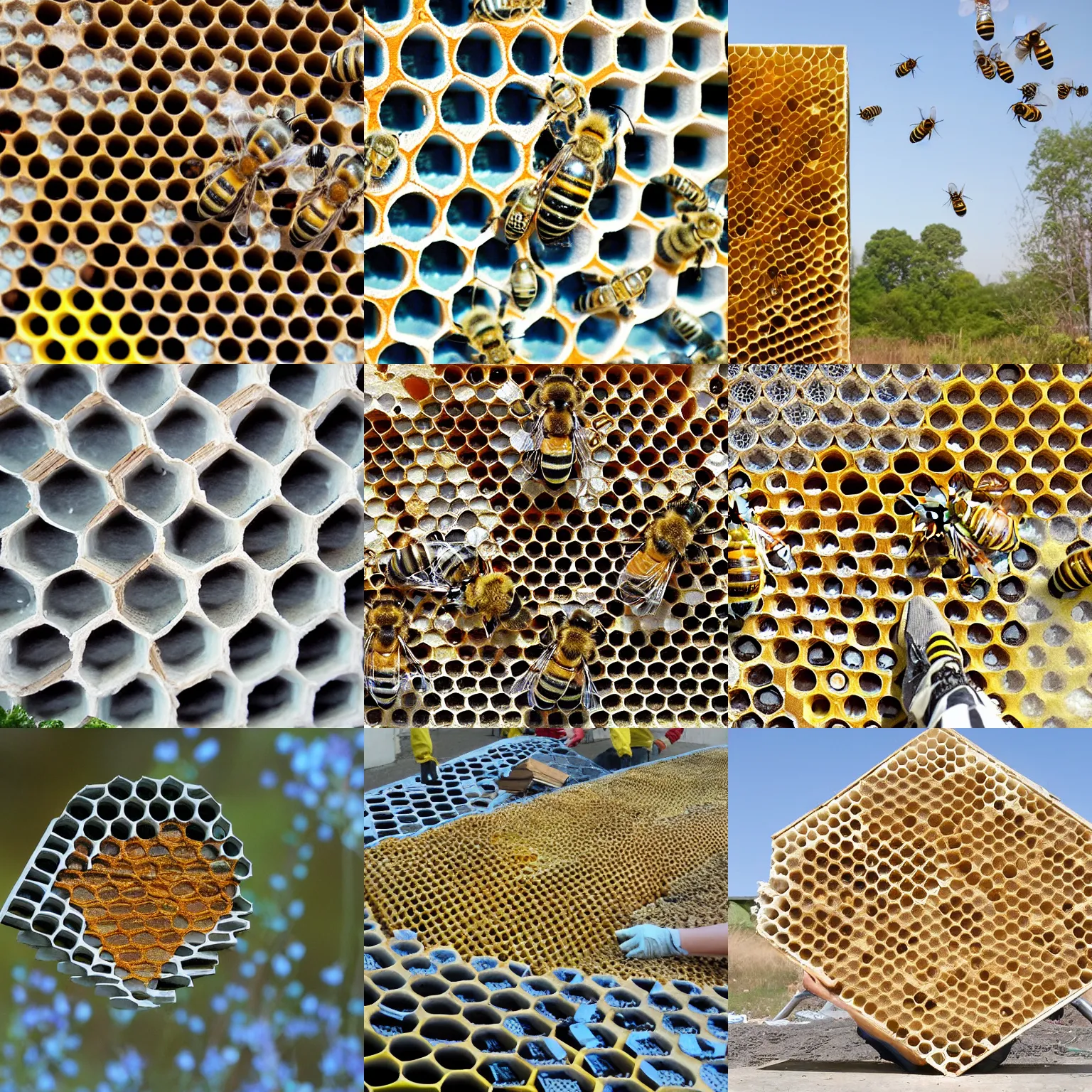 Prompt: THE BEES BEGAN BUILDING A GIANT HONEYCOMB MATRIX TO PROTECT US, photo