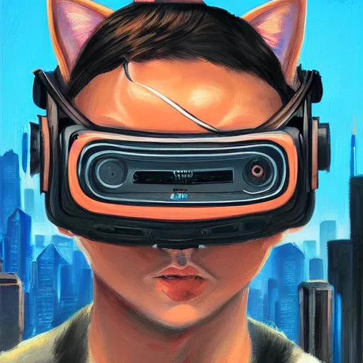 Image similar to a painting of a cat wearing oculus rift with a city in the background, cyberpunk art by hikari shimoda, trending on artstation, panfuturism, dystopian art, circuitry, sci - fi