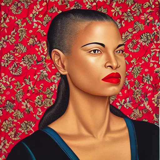 Prompt: a mexican woman's face in profile, red lips, white background, dynamic, ultra detailed, 4 k, illustration, by kehinde wiley, kadir nelson