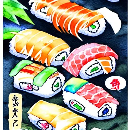 Image similar to a high detail watercolor of anime sushi. pixiv fanbox skeb.jp clipstudio medibang ichi-up CGWORLD key visual manga cover