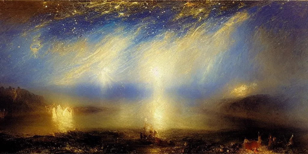 Prompt: stunning river landscape with sky full of falling stars by j. m. w turner