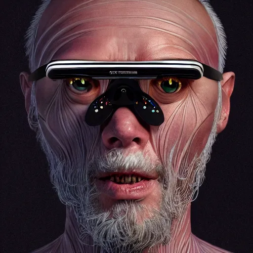 Image similar to Colour Caravaggio Bosch style Photography of Highly detailed Man with 1000 years old perfect face with reflecting glowing skin wearing highly detailed sci-fi VR headset designed by Josan Gonzalez. Many details . In style of Josan Gonzalez and Mike Winkelmann and andgreg rutkowski and alphonse muchaand and Caspar David Friedrich and Stephen Hickman and James Gurney and Hiromasa Ogura. Rendered in Blender and Octane Render volumetric natural light