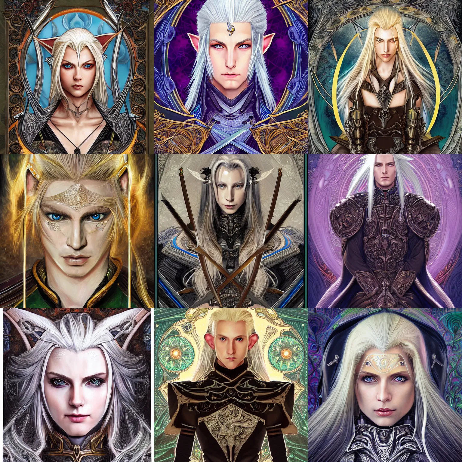 Prompt: head-on symmetrical centered painted portrait, Sephiroth as elf ranger, blonde hair, leather armour, art nouveau, tarot card style, complex fractal tarot card background, fantasy, intricate, elegant, highly detailed, smooth, sharp focus, illustration, artstation, in the style of Artgerm and Anna Podedworna and Alex Ross and Mucha