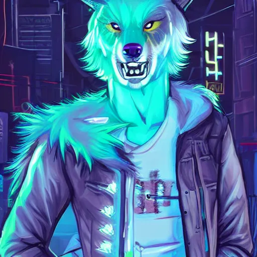 Prompt: beautiful furry art portrait commission of an androgynous furry anthro wolf fursona wearing punk clothes in the streets of a cyberpunk city at night in the snow. neon signs. character design by rick griffin, miles df, smileeeeeee, charlie bowater, ross tran, detailed, inked, western comic book art