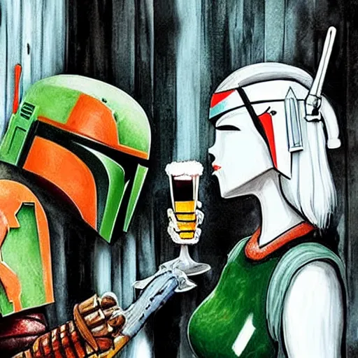 Prompt: Boba Fett and a beautiful young blonde drinking beer in a wine cellar, food, meat, schnapps, torches on the wall, romantic, inviting, cozy