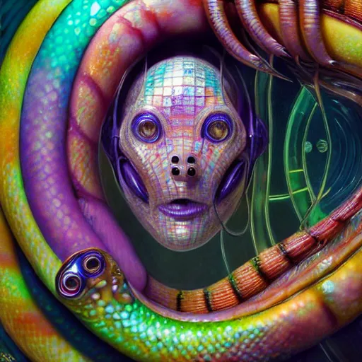 Image similar to intricate colorful transparent portrait of a disturbing beautiful alien snake creature, mottling coloring, adorable, childlike, whimsical, robotic, ultra realistic, concept art, art nouveau, photorealistic, octane render, 8 k, unreal engine. art by christopher marley and artgerm and greg rutkowski and alphonse mucha, and rene magritte