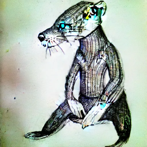 Image similar to an otter in a dress, pencil drawing