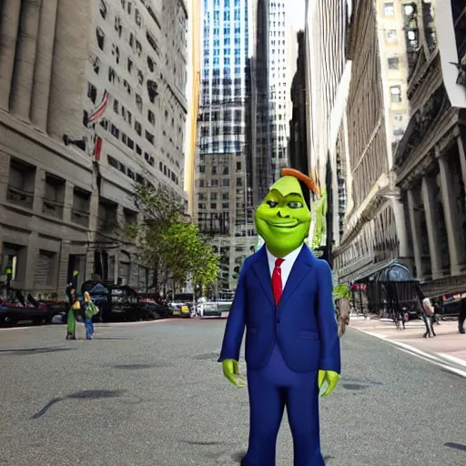 Prompt: shrek in a business suit on wallstreet