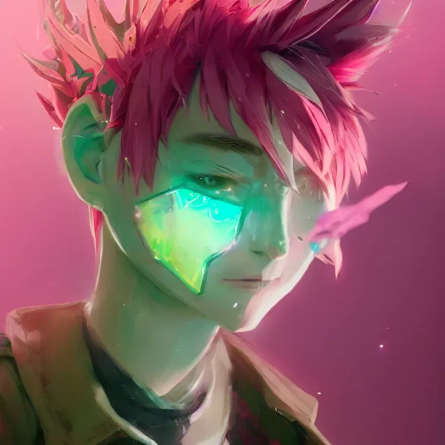 Prompt: a beautiful headshot portrait of a cute anime male boy with pink hair and pink wolf ears and green eyes wearing cyberpunk clothes. character design by cory loftis, fenghua zhong, ryohei hase, ismail inceoglu and ruan jia. artstation, volumetric light, detailed, photorealistic, fantasy, rendered in octane