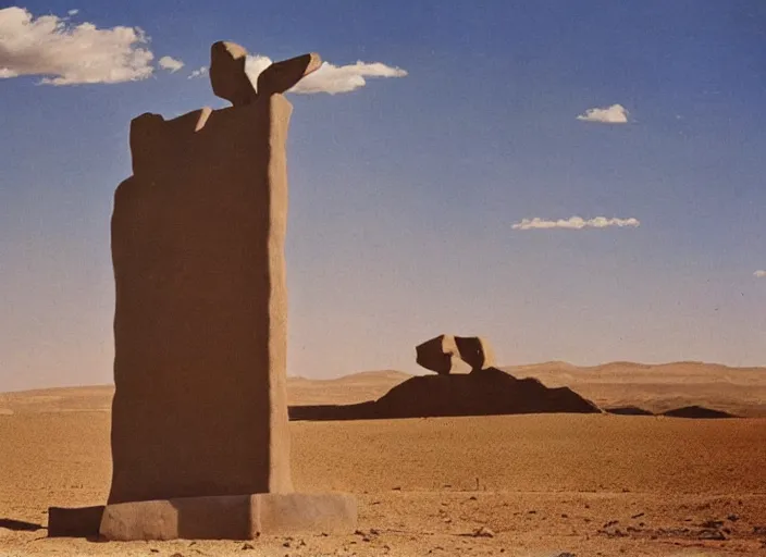 Prompt: strange pagan giant monument in the middle of a desert by salvadore dali and rene magritte