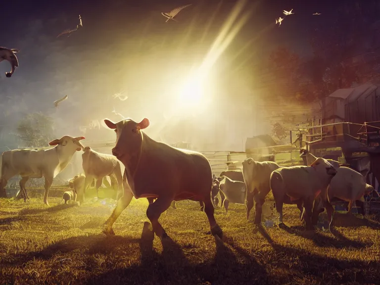 Prompt: livestock revolting against farmers, 8 k, ultra realistic, lens flare, atmosphere, glow, detailed, intricate, full of colour, cinematic lighting, trending on artstation, 4 k, hyperrealistic, focused, extreme details, unreal engine 5, cinematic, masterpiece