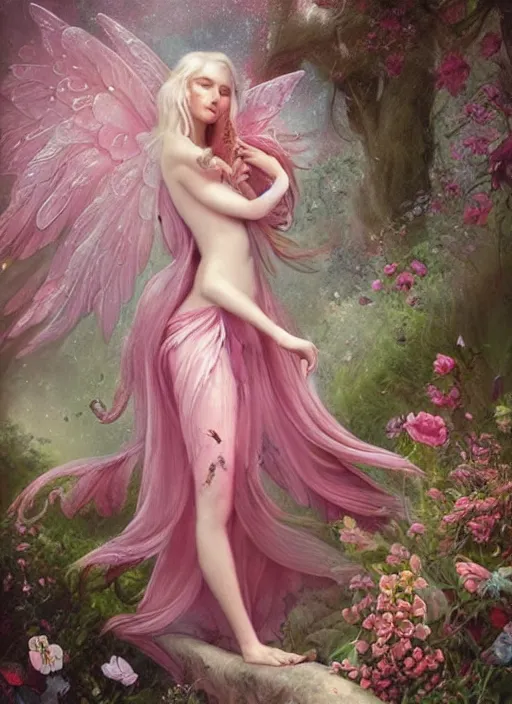 Image similar to a beautiful pink fairy with large wings and long flowing hair exploring her flower garden, style of tom bagshaw, extremely detailed, muted colors