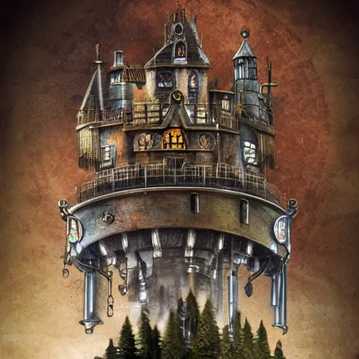 Prompt: steam punk castle in the style of martin bailly