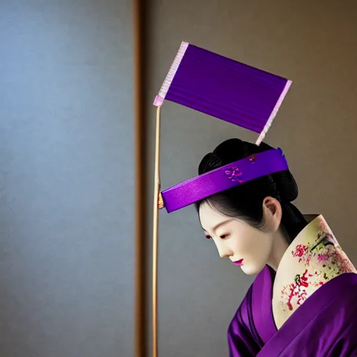 Prompt: Japanese geisha with beautiful violet paper fan, 4k photography, 30 mm lens, cinematic light, warm atmosphere, in style of Kar Wai Wong, fine dust