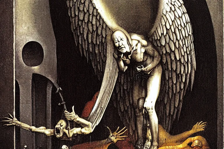Prompt: fallen angel begs to enter the gates of hell by les edwards and hieronymus bosch