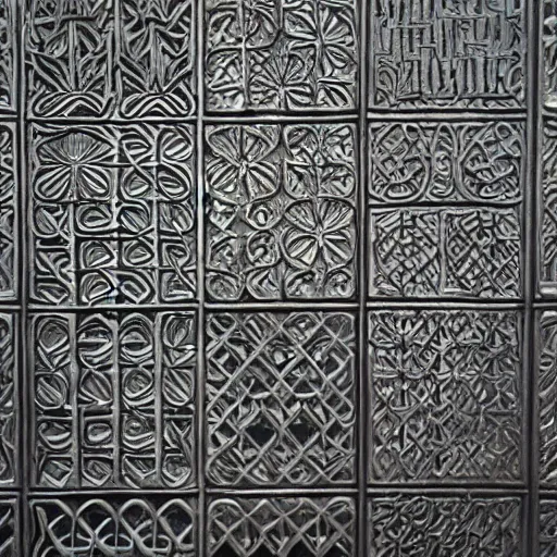 Prompt: “intricate patterns carved into woven steel, industrial steel, clear lines, straight edges, reflective metal, random shapes, ultra realistic, intricate, highly detailed”