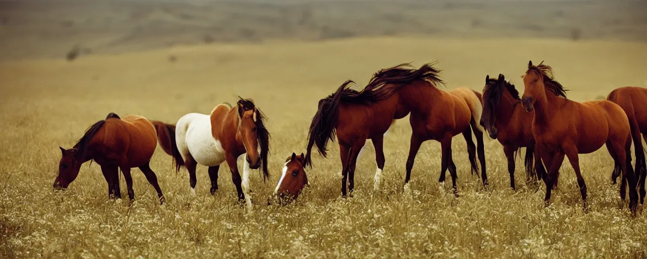 Image similar to wild horses eating spaghetti in a field, in the style of national geographic, canon 5 0 mm, film, kodachrome, retro, muted