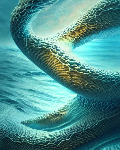Image similar to a hyper - detailed 3 d render of aquatic creatures of the cresting waves, surrealism!!!!! surreal concept art, lifelike, photorealistic, digital painting, aesthetic, smooth, sharp focus, artstation hd, by greg rutkowski, klimt and nixeu and ian sprigger and wlop and krenz cushart,,