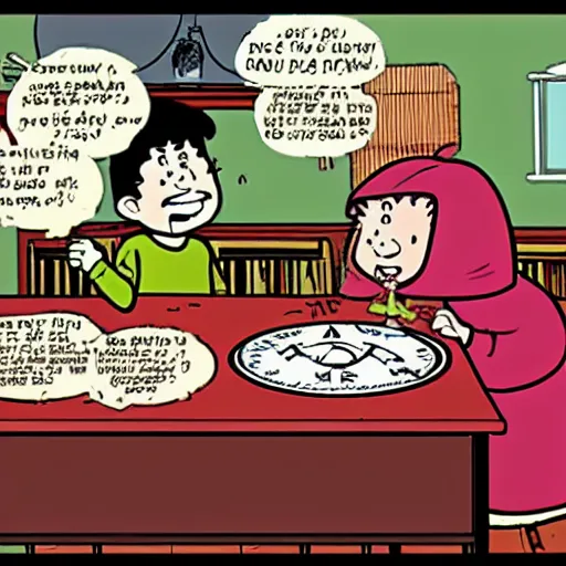 Prompt: a family circus comic of billy and dolly playing with a ouija board and accidentally summoning the devil