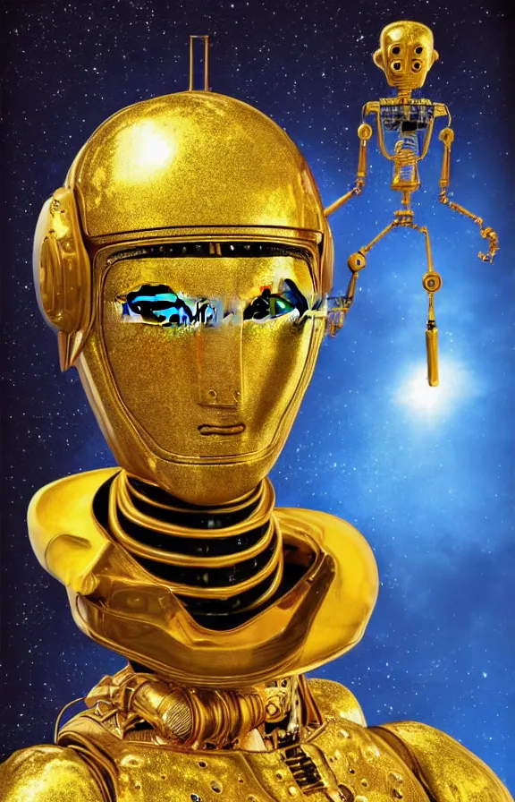 Image similar to portrait of a robot humanoid alien with golden armature and medieval helmet. Galactic iridescent background in the style of Tim white and moebius