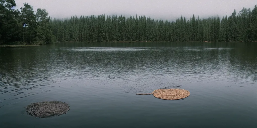 Image similar to centered photograph of a long rope zig zagging across the surface of the water, floating submerged rope stretching out towards the center of the lake, a dark lake on a cloudy day, color film, trees in the background, hyperedetailed photo, anamorphic lens, 2 0 0 1