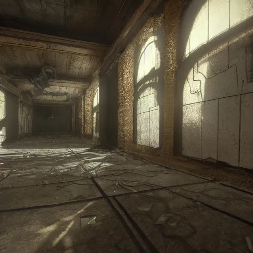 Image similar to interior mazelike architecture from quake, lovecraftian, liminal space, moody lighting, unreal engine 5, hyper detailed, hyper realistic