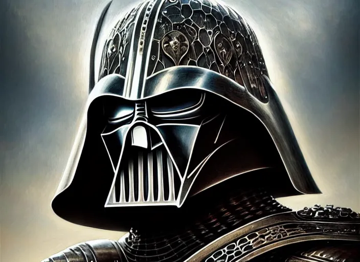 Prompt: portrait shot of silver iron darth vader in medieval knights!!! armor, intricate armor, elegant armor, highly detailed, centered, digital painting, artstation, concept art, smooth, sharp focus, illustration, artgerm, tomasz alen kopera, peter mohrbacher, donato giancola, joseph christian leyendecker, wlop, boris vallejo