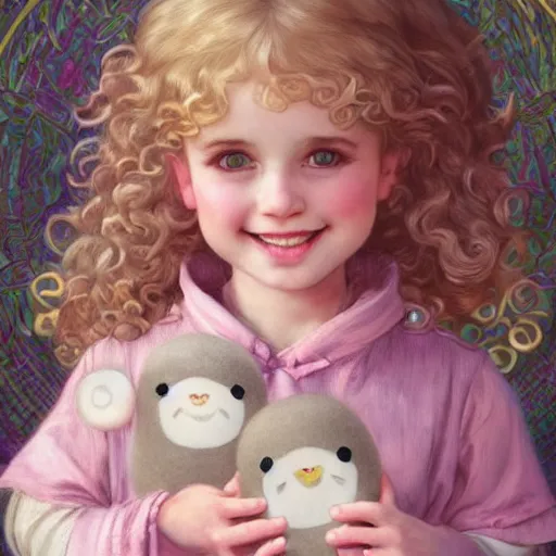 Prompt: a beautiful smiling little [blonde toddler] girl with short loosely curly hair, at the park on a beautiful day, holding a round all-pink stuffed penguin, by Artgerm, Mucha Klimt, Hiroshi Yoshida and Craig Mullins, featured on Artstation, CGSociety, Behance HD, Deviantart