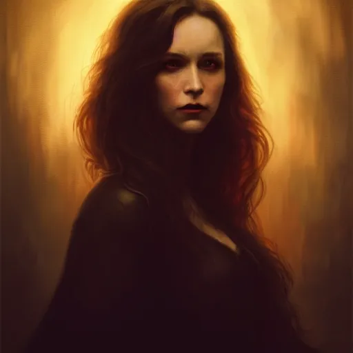 Image similar to majestic gracious regal aristocratic brunette female vampire portrait, atmospheric lighting, painted, menacing, intricate, volumetric lighting, beautiful, rich deep colours masterpiece, golden hour, sharp focus, ultra detailed, by leesha hannigan, ross tran, thierry doizon, kai carpenter, ignacio fernandez rios